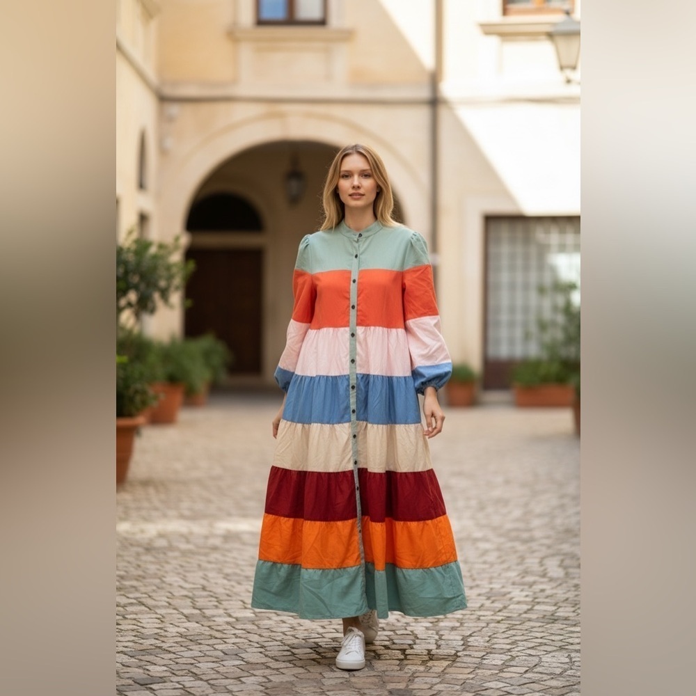 Multicolor Long Sleeve Maxi Dress